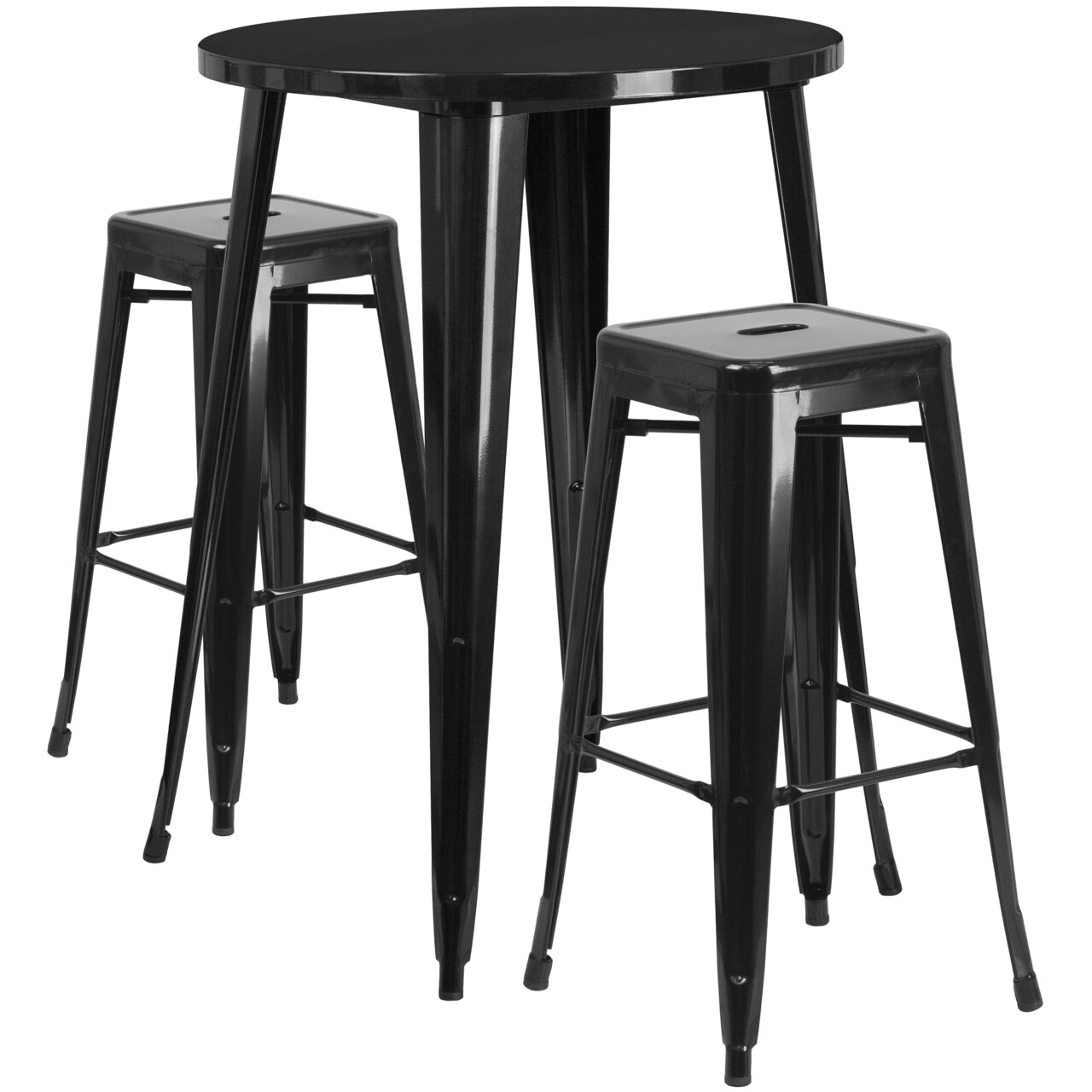 Emma and Oliver Commercial Grade 30" Round Metal Indoor-Outdoor Bar Table Set, 2 Backless Stools